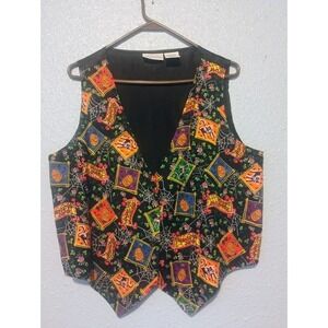 Vintage 90s Y2K Basic Editions Halloween Vest Black Pumpkins Black Cat Lgtwt Lrg